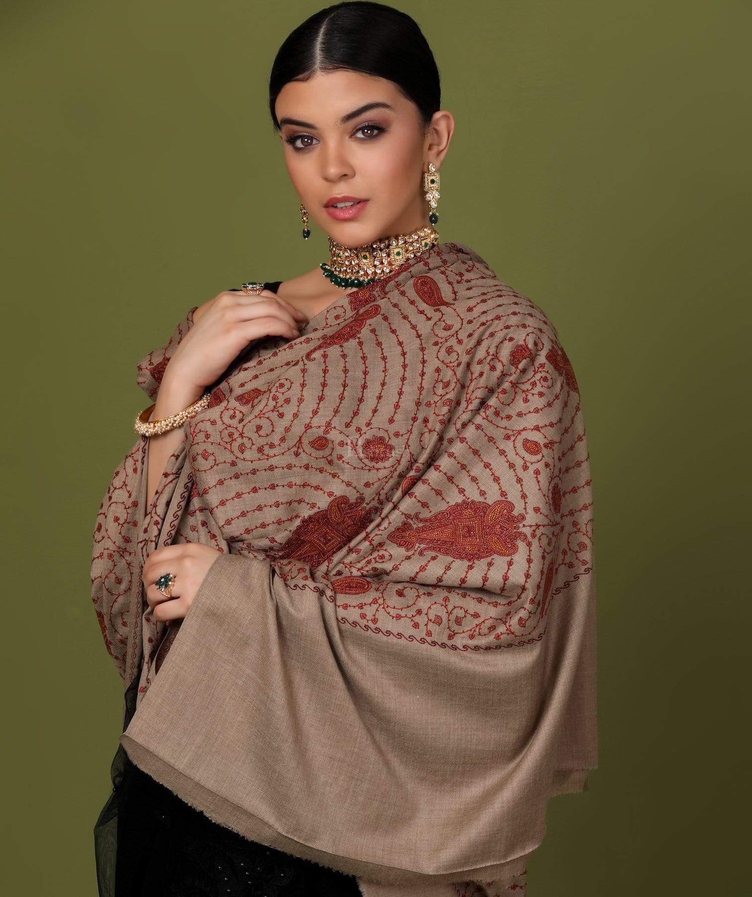 Pashtush India Shawl Pashtush Womens Kashmiri Jaal Embroidery Shawl, Large Size, Taupe