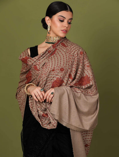 Pashtush India Shawl Pashtush Womens Kashmiri Jaal Embroidery Shawl, Large Size, Taupe
