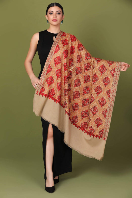 Pashtush Store Shawl Pashtush Womens Kashmiri Shawl, Aari Embroidery, Beige