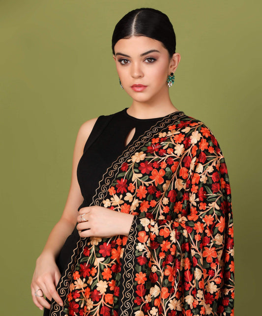 Pashtush India 100x200 Pashtush Womens Kashmiri Shawl, Aari Embroidery, Black