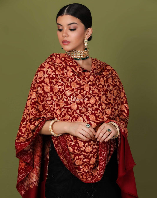 Pashtush Store Shawl Pashtush Womens Kashmiri Shawl, Aari Embroidery, Maroon