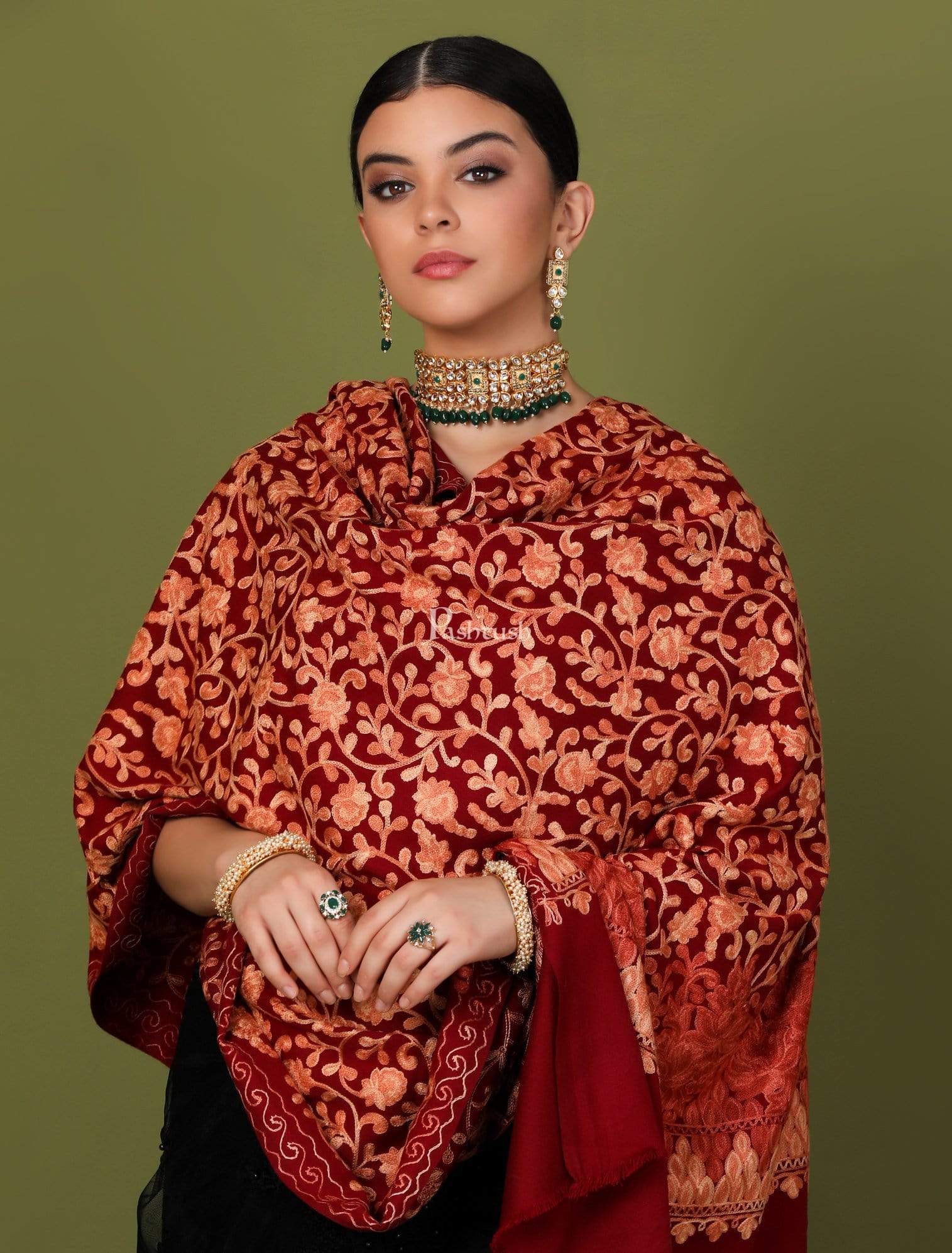 Pashtush Store Shawl Pashtush Womens Kashmiri Shawl, Aari Embroidery, Maroon