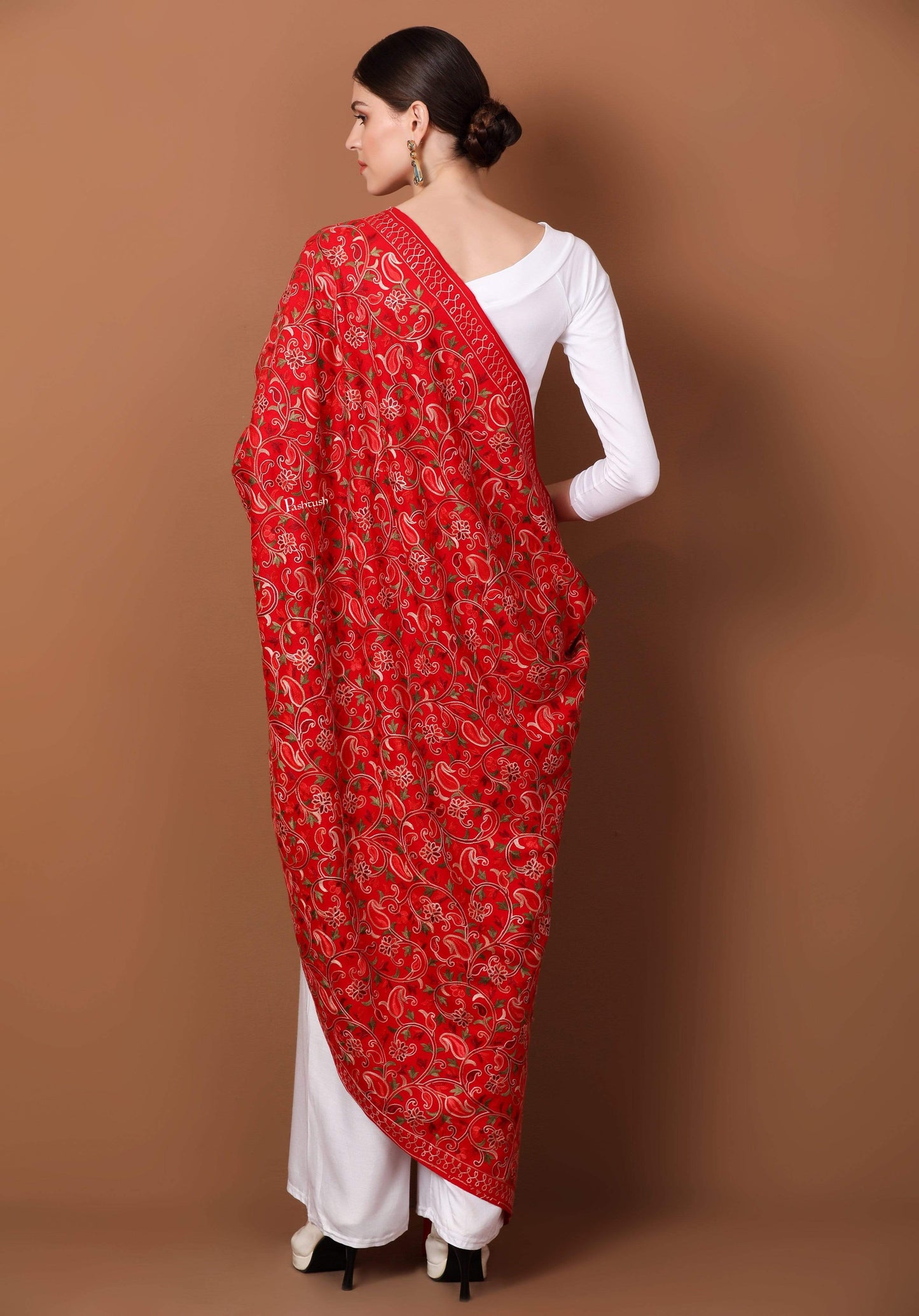 Pashtush Store Shawl Pashtush Womens Kashmiri Shawl, Aari Embroidery, Red