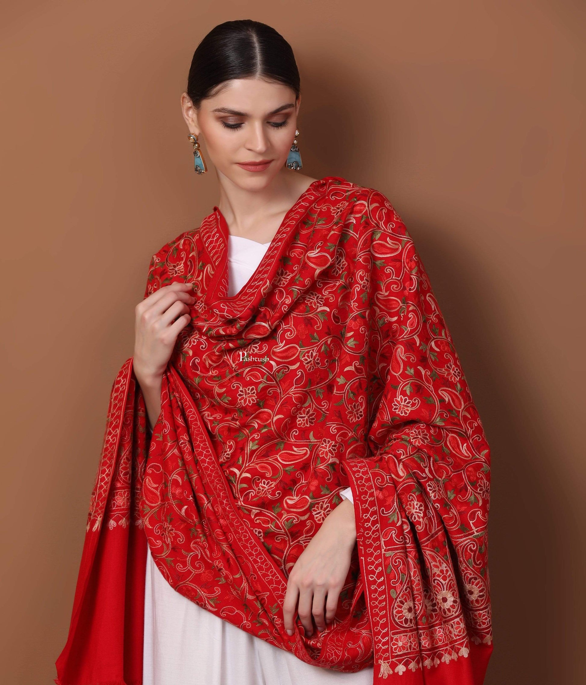 Pashtush Store Shawl Pashtush Womens Kashmiri Shawl, Aari Embroidery, Red