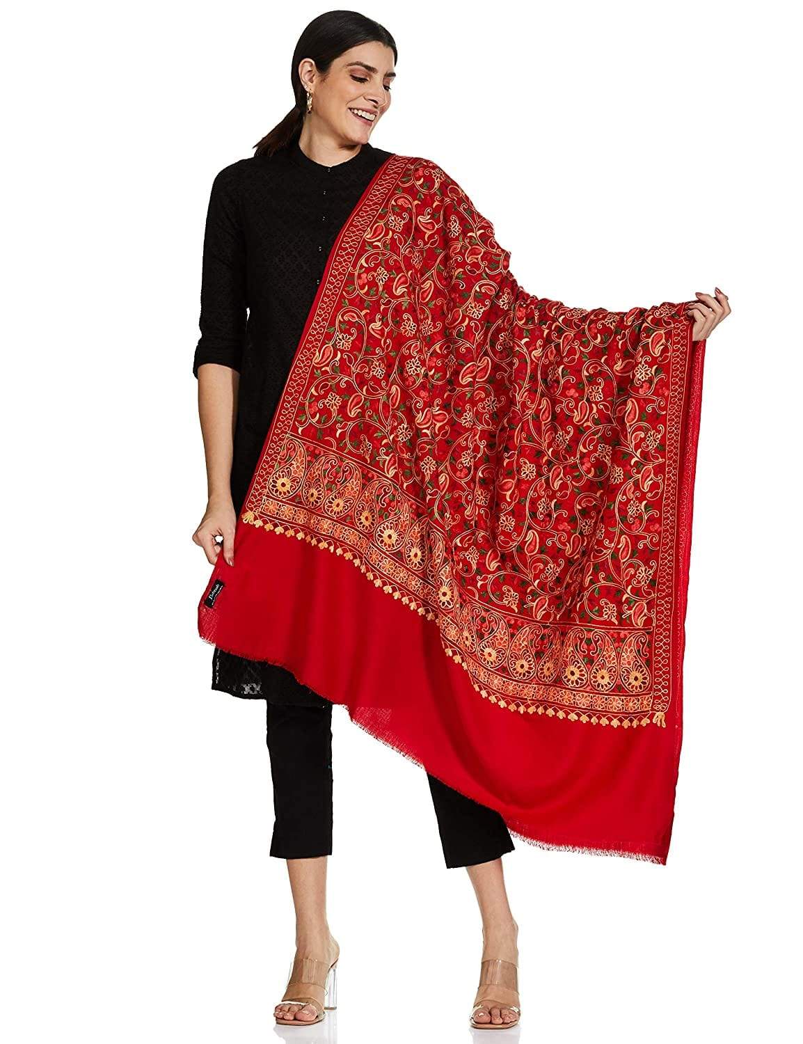 Pashtush India 100x200 Pashtush Womens Kashmiri Shawl, Aari Embroidery, Red