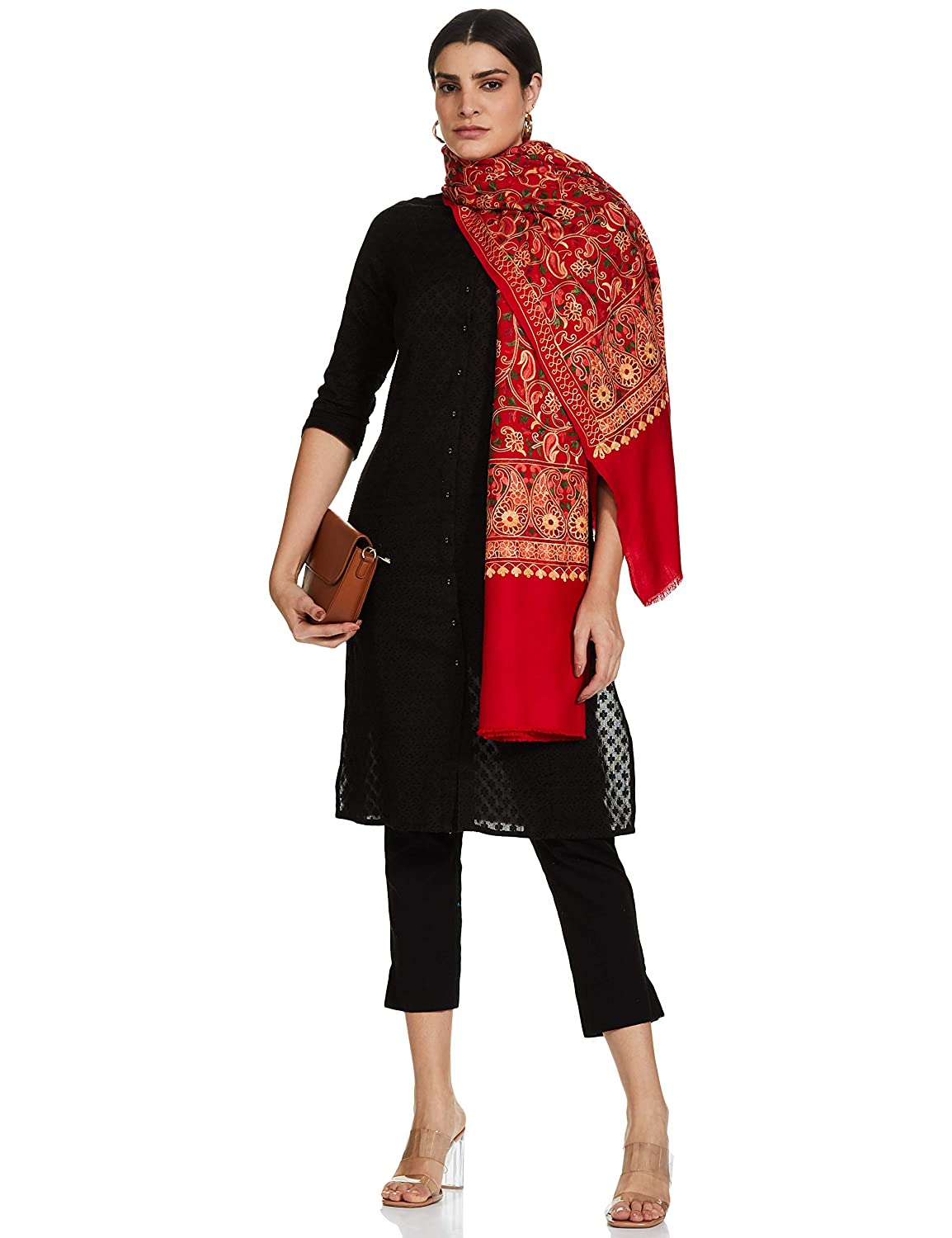 Pashtush India 100x200 Pashtush Womens Kashmiri Shawl, Aari Embroidery, Red