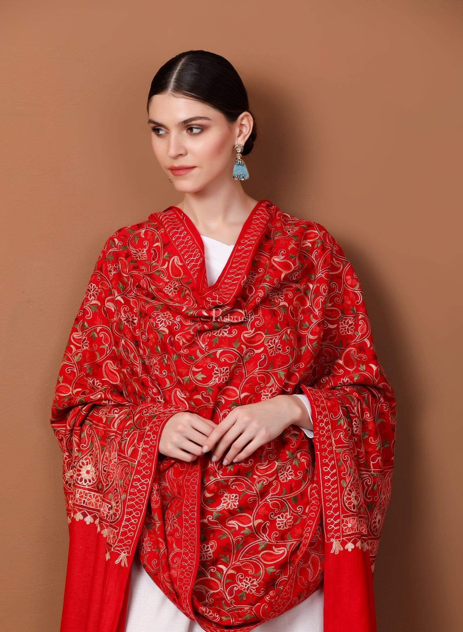 Pashtush India 100x200 Pashtush Womens Kashmiri Shawl, Aari Embroidery, Ruby Red