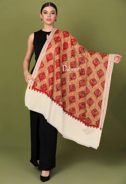 Pashtush Store Shawl Pashtush Womens Kashmiri Shawl, Aari Embroidery, White