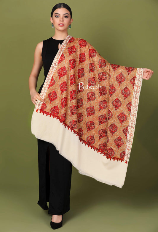 Pashtush Store Shawl Pashtush Womens Kashmiri Shawl, Aari Embroidery, White