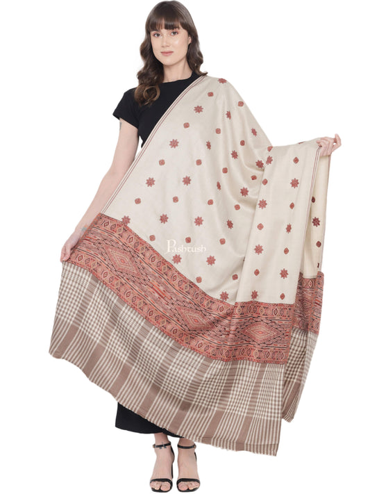 Pashtush India Womens Shawls Pashtush Womens Kashmiri Shawl, Woollen, Checkered Stitched Palla, Beige