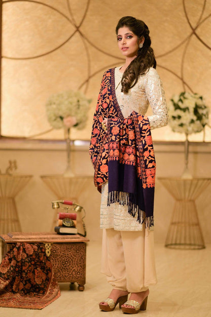 Pashtush Store Stole Pashtush Womens Kashmiri Stole, Aari Embroidery, Navy Blue