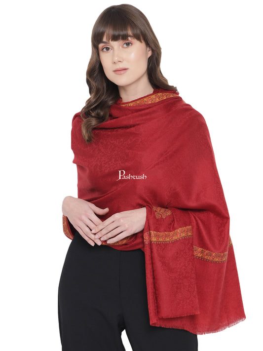 Pashtush India Womens Shawls Pashtush Womens Kingri Embroidery Shawl, Fine Wool, Border, Self Weave, Crimson