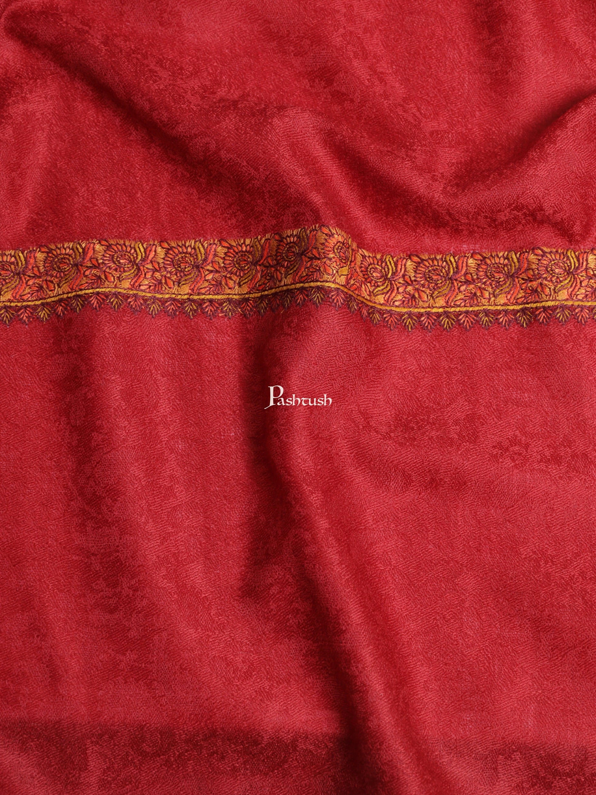 Pashtush India Womens Shawls Pashtush Womens Kingri Embroidery Shawl, Fine Wool, Border, Self Weave, Crimson