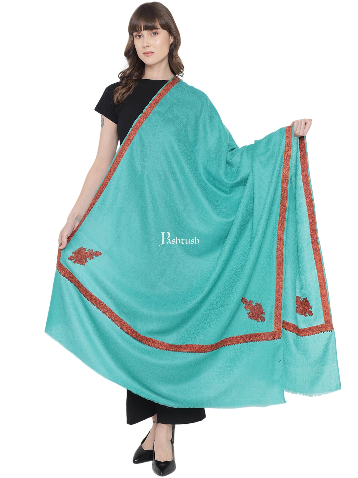 Pashtush India Womens Shawls Pashtush Womens Kingri Embroidery Shawl, Fine Wool, Border, Self Weave, Turkish Green