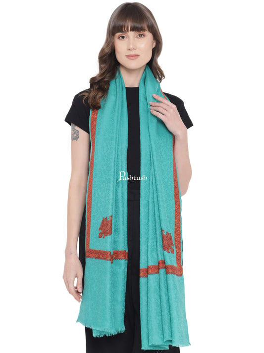 Pashtush India Womens Shawls Pashtush Womens Kingri Embroidery Shawl, Fine Wool, Border, Self Weave, Turkish Green