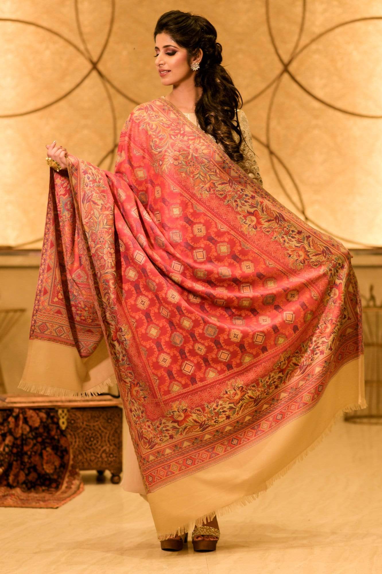 Pashtush Womens Aztec Jamawar Shawl, Multicoloured