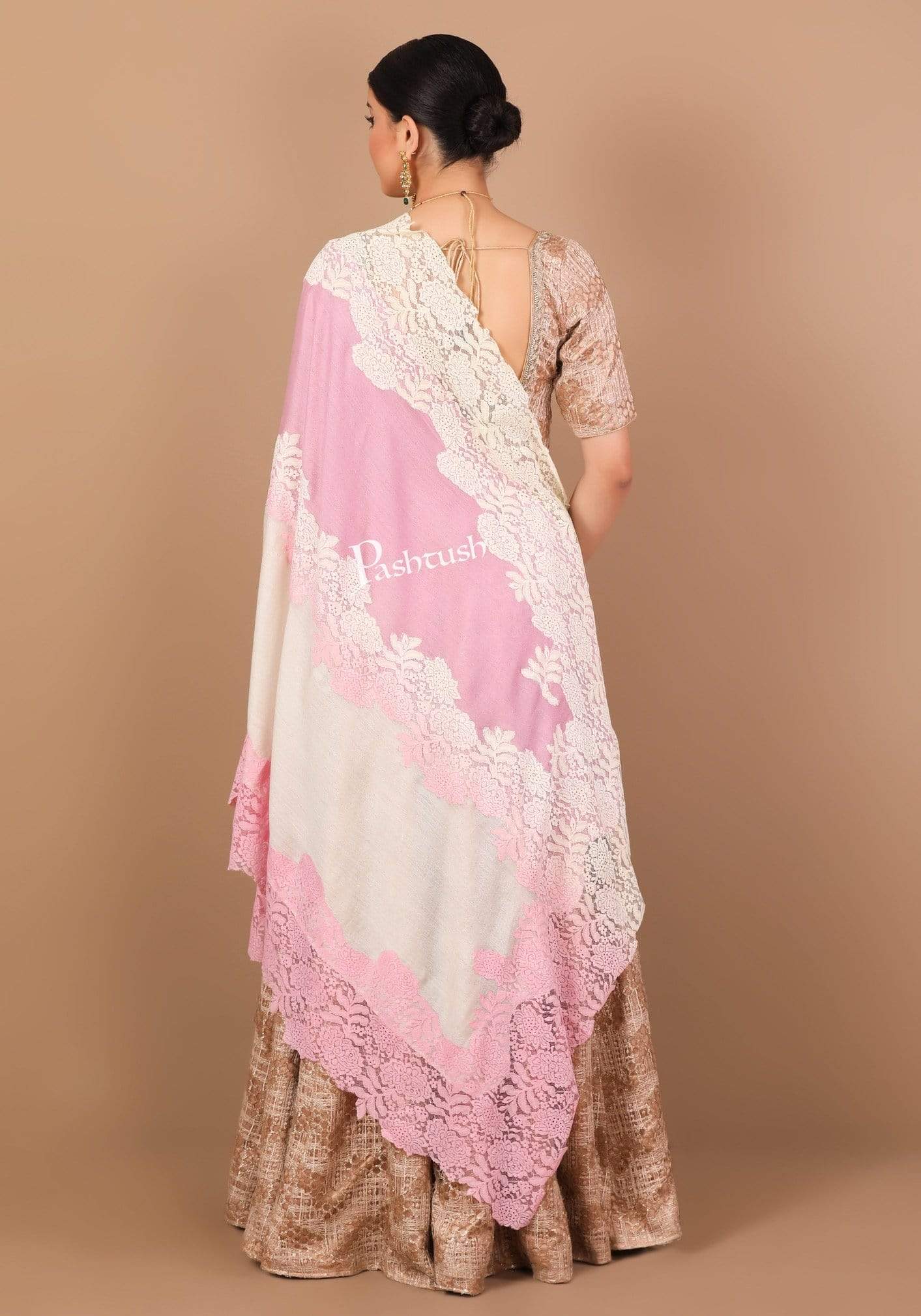 Pashtush India 70x200 Pashtush Womens L'Amour Lace Shawl Collection, Ivory and Soft Pink