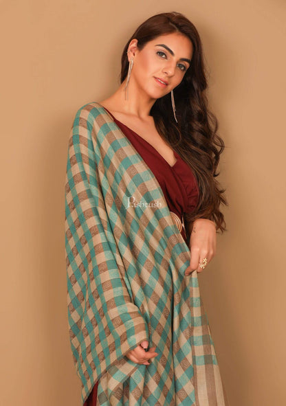 Pashtush India Stole Pashtush Womens Luxury Wool Check Scarf,  Reversible, Extra-Fine, Arabic Blue and Beige