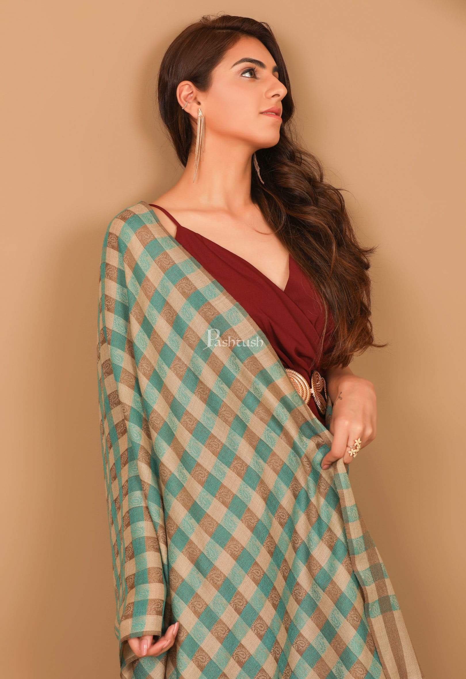 Pashtush India Stole Pashtush Womens Luxury Wool Check Scarf,  Reversible, Extra-Fine, Arabic Blue and Beige