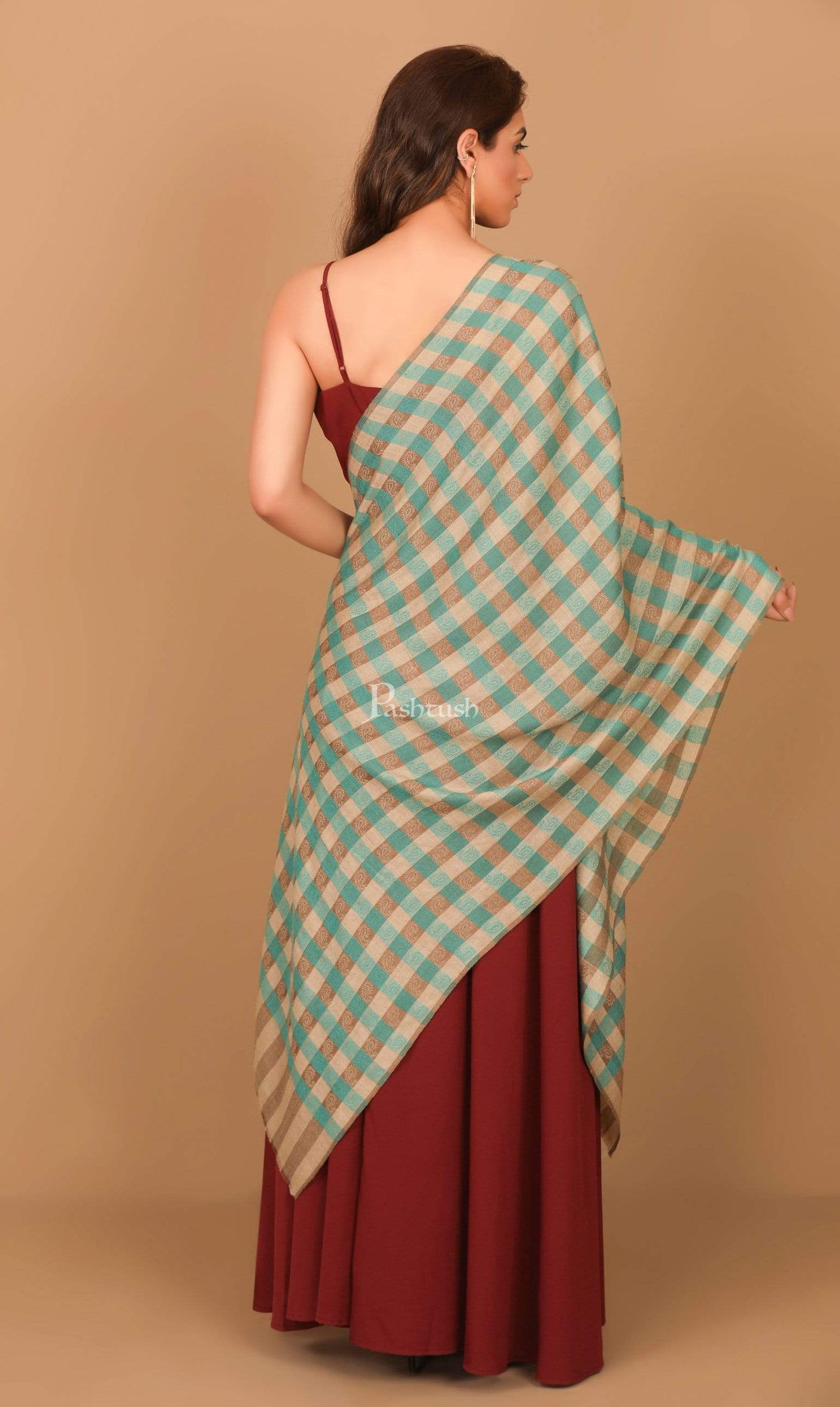 Pashtush India Stole Pashtush Womens Luxury Wool Check Scarf,  Reversible, Extra-Fine, Arabic Blue and Beige