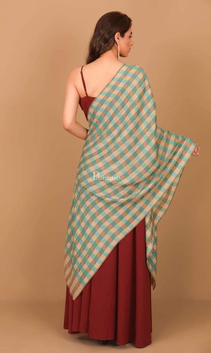 Pashtush India Stole Pashtush Womens Luxury Wool Check Scarf,  Reversible, Extra-Fine, Arabic Blue and Beige