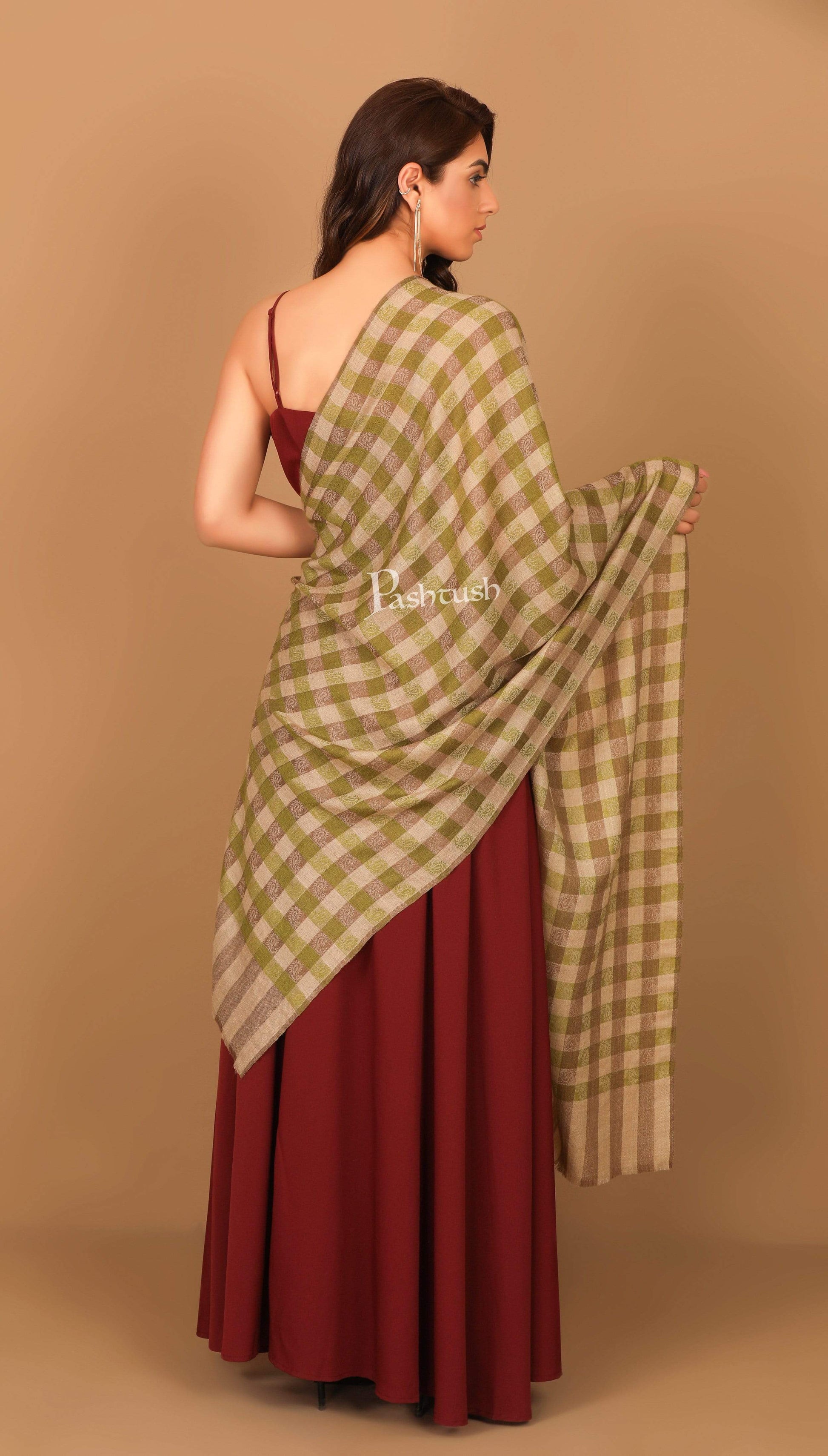 Pashtush India Stole Pashtush Womens Luxury Wool Check Scarf,  Reversible, Extra-Fine, Beige and Sea Green