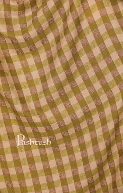 Pashtush India Stole Pashtush Womens Luxury Wool Check Scarf,  Reversible, Extra-Fine, Beige and Sea Green