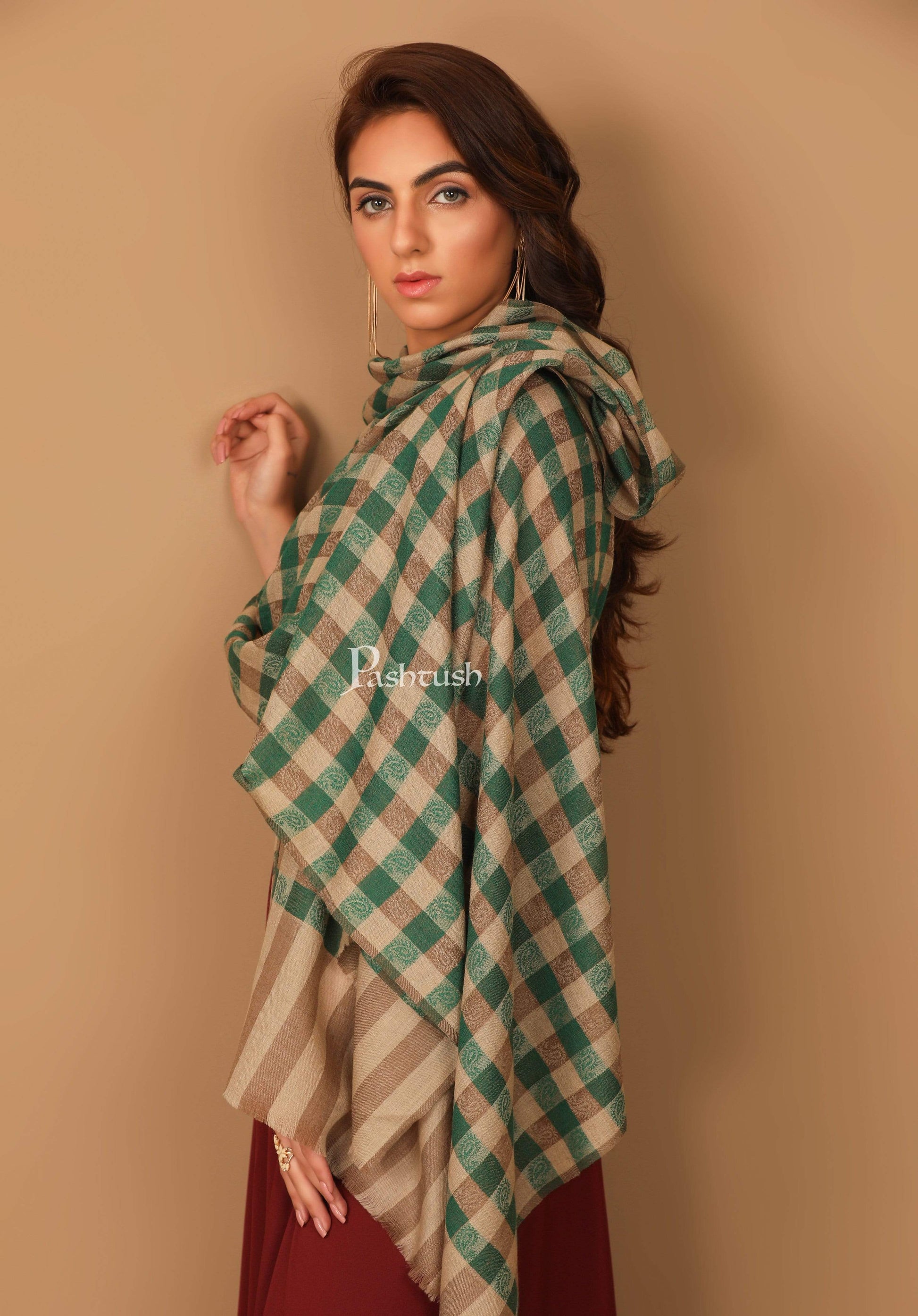Pashtush India 70x200 Pashtush Womens Luxury Wool Check Scarf,  Reversible, Extra-Fine, Jade Colour