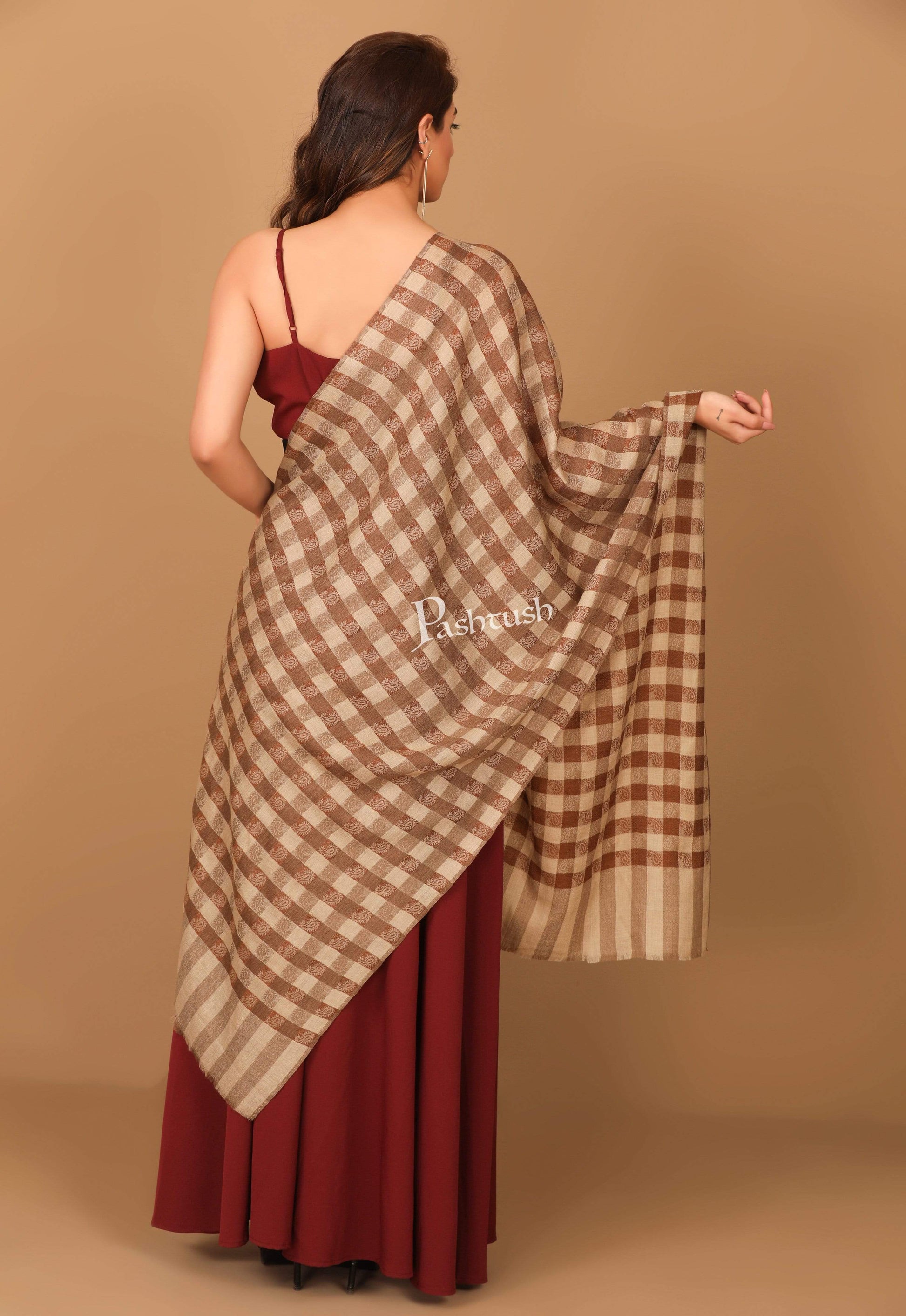 Pashtush India 70x200 Pashtush Womens Luxury Wool Check Scarf,  Reversible, Extra-Fine, Mocha Brown