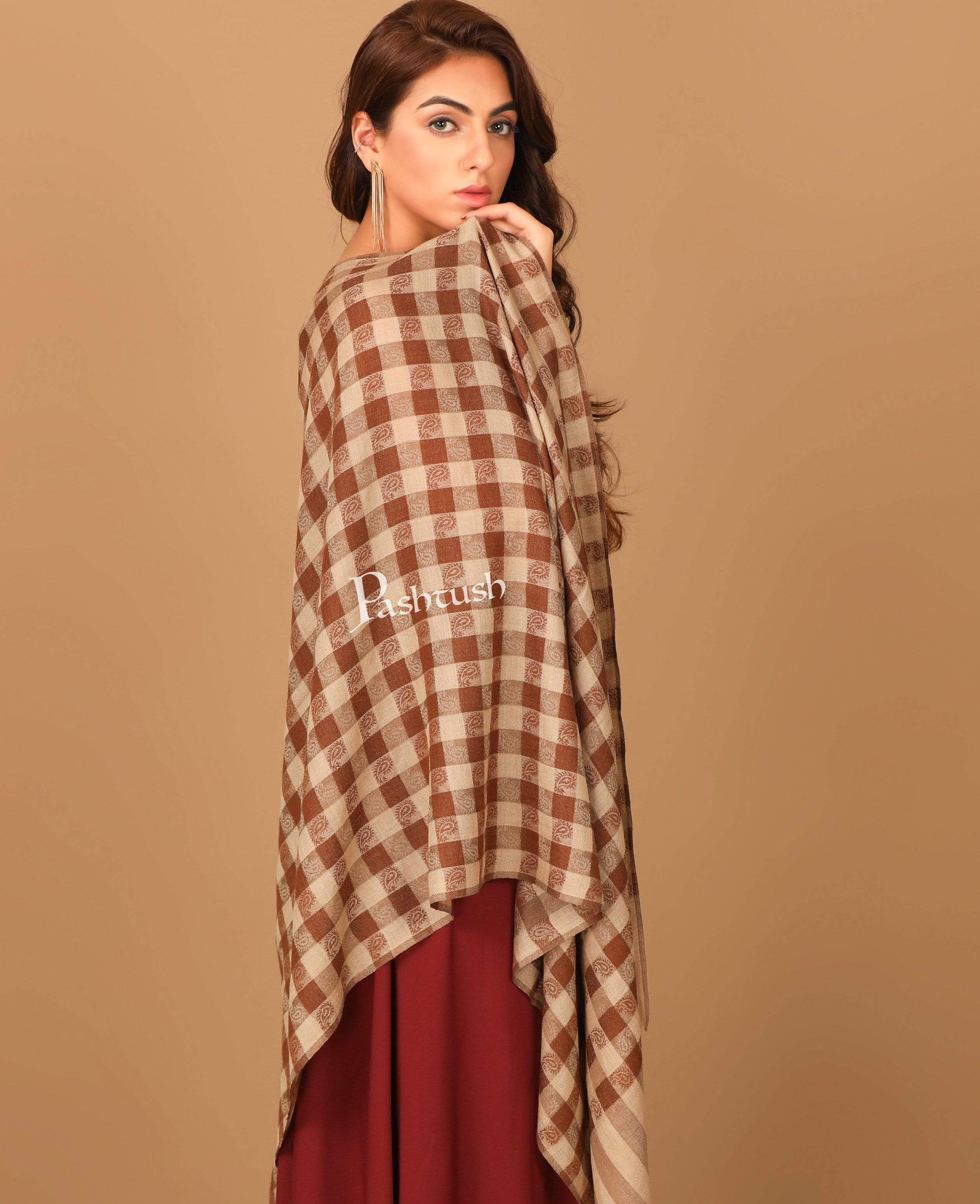 Pashtush India 70x200 Pashtush Womens Luxury Wool Check Scarf,  Reversible, Extra-Fine, Mocha Brown