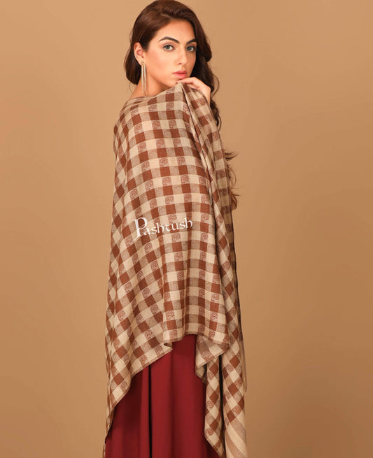 Pashtush India 70x200 Pashtush Womens Luxury Wool Check Scarf,  Reversible, Extra-Fine, Mocha Brown