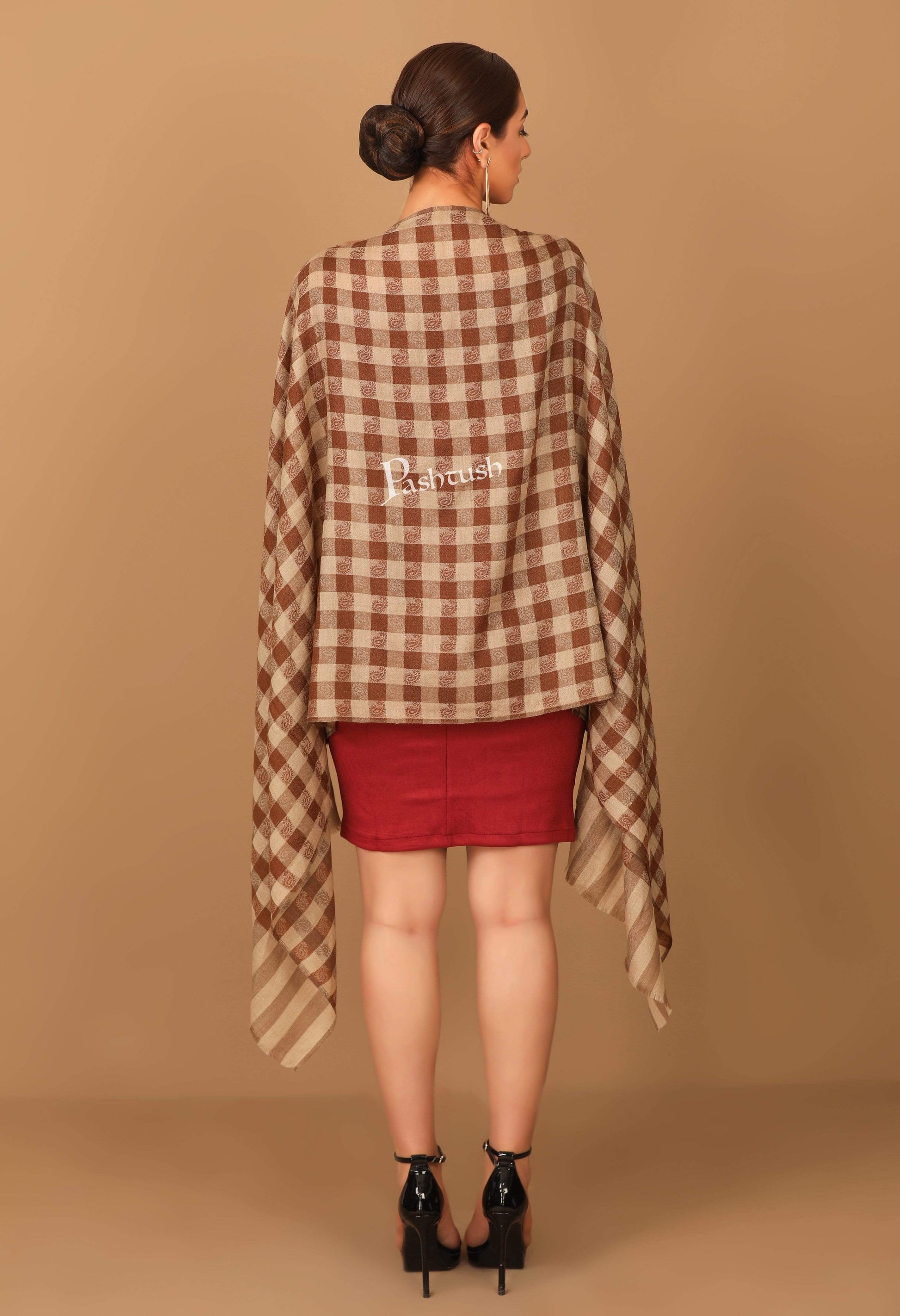 Pashtush India 70x200 Pashtush Womens Luxury Wool Check Scarf,  Reversible, Extra-Fine, Mocha Brown