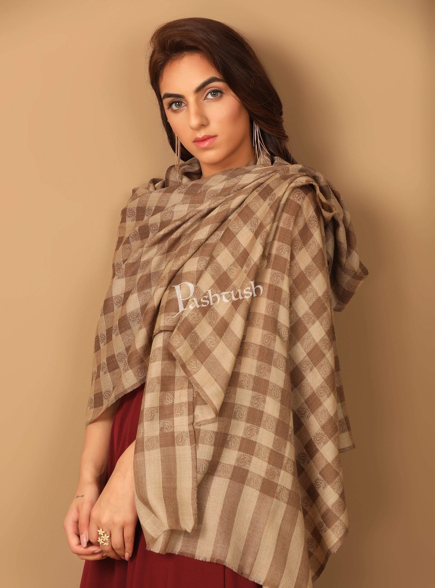 Pashtush India Stole Pashtush Womens Luxury Wool Check Scarf, Soft Wool Reversible Scarf Stole, Extra-Fine
