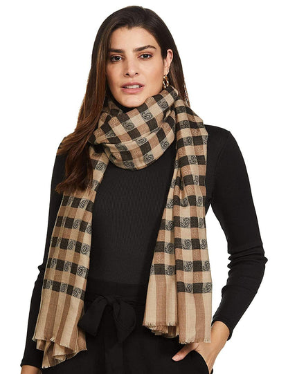 Pashtush India 70x200 Pashtush Womens Luxury Wool Checkered Scarf,  Reversible, Extra-Fine, Black and Beige