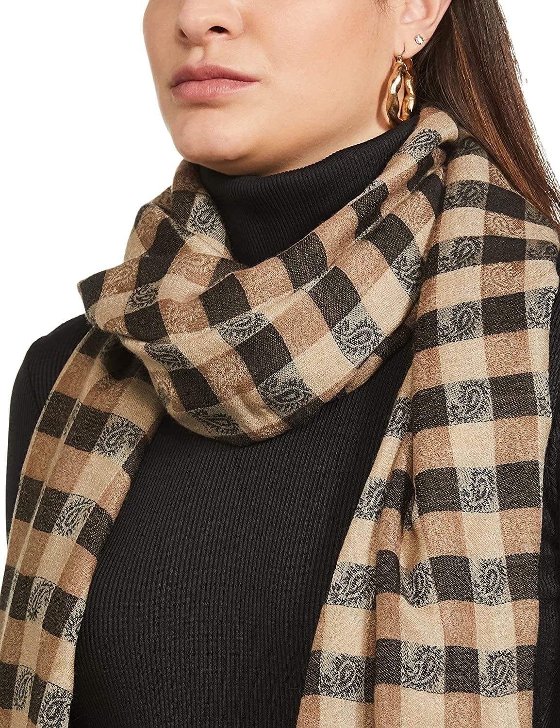 Pashtush India 70x200 Pashtush Womens Luxury Wool Checkered Scarf,  Reversible, Extra-Fine, Black and Beige
