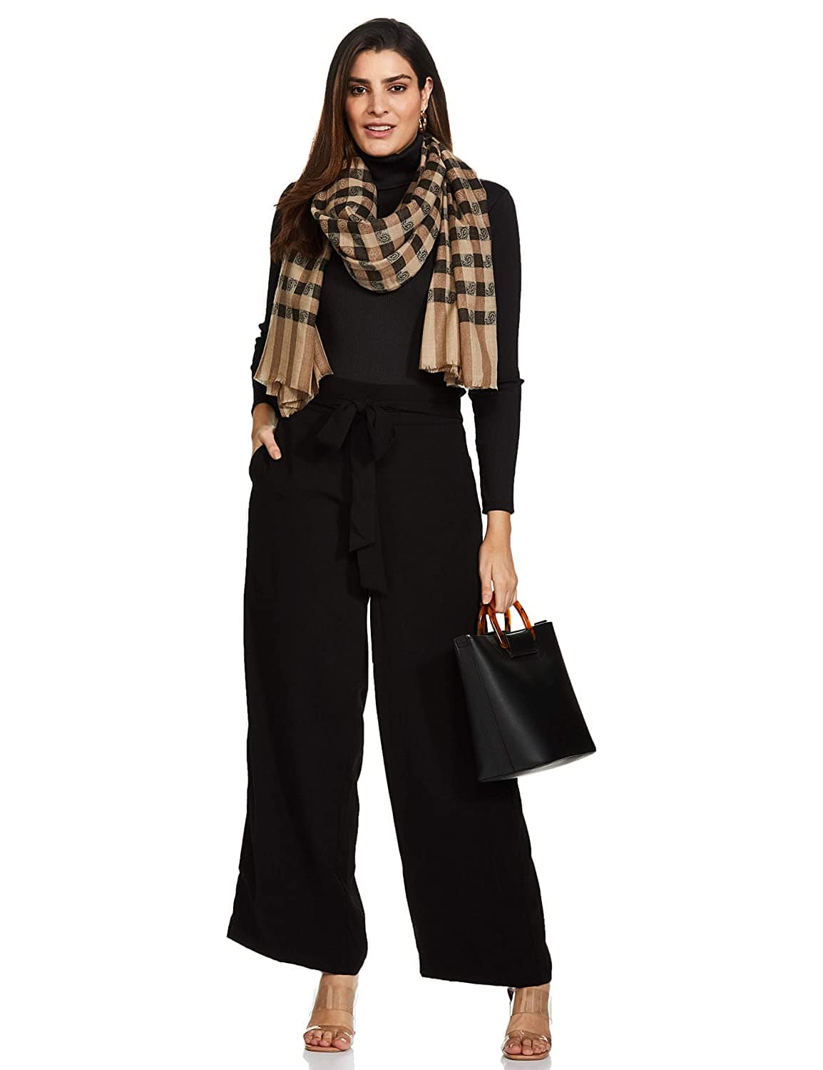 Pashtush India 70x200 Pashtush Womens Luxury Wool Checkered Scarf,  Reversible, Extra-Fine, Black and Beige