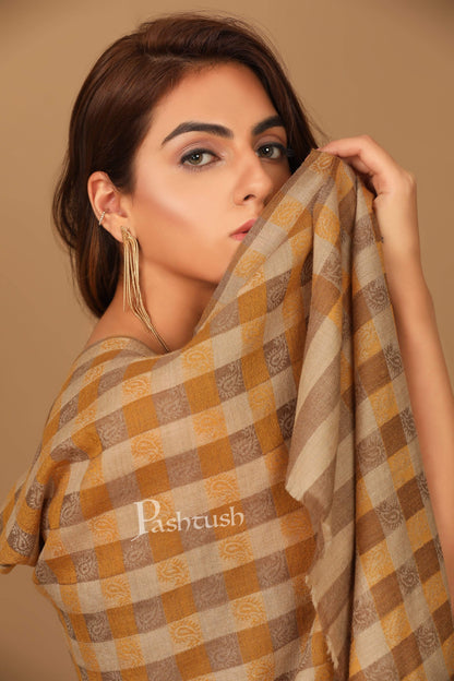 Pashtush India Stole Pashtush Womens Luxury Wool Checkered Scarf,  Reversible, Extra-Fine, Tuscan Sun