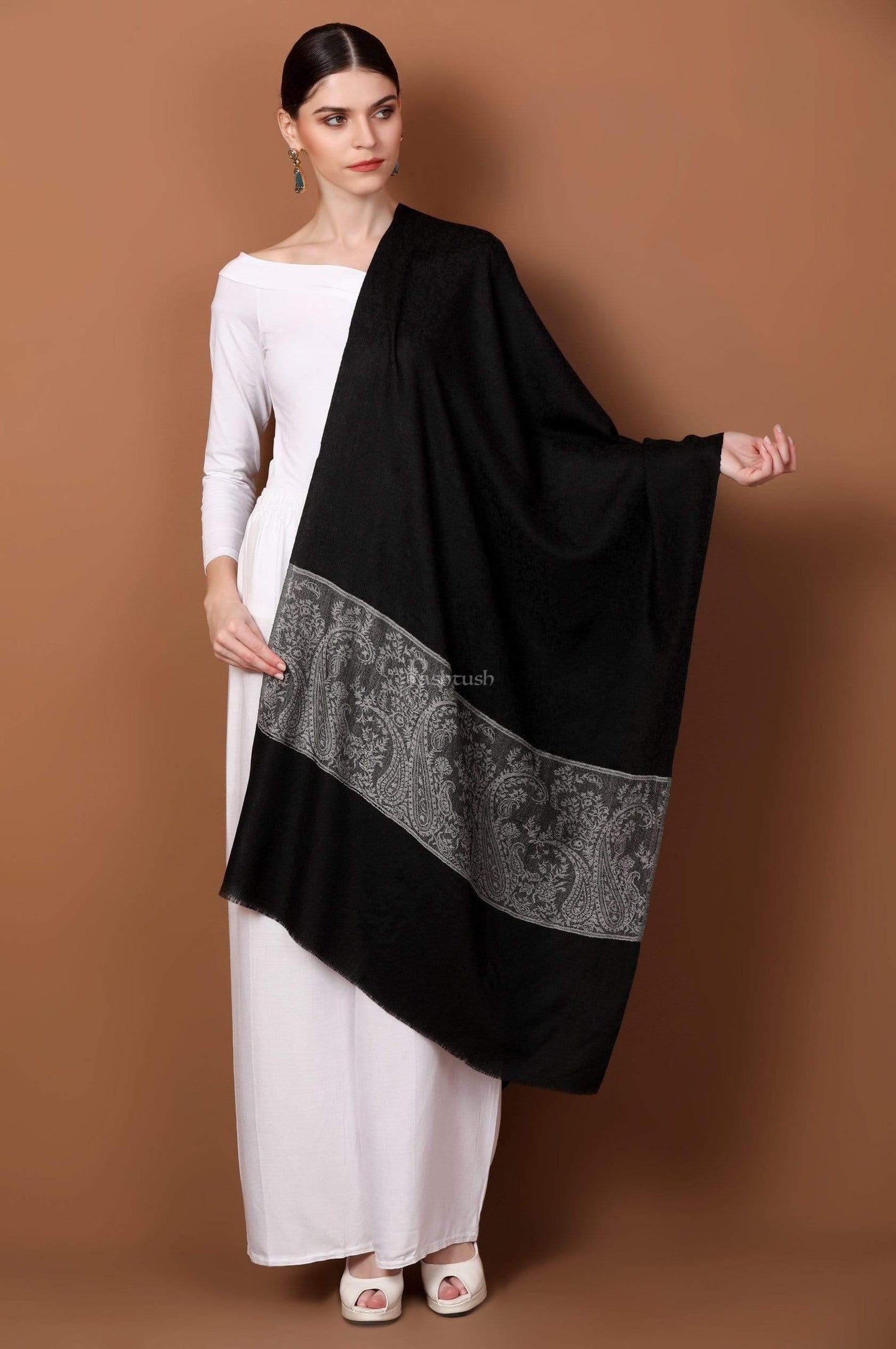 Pashtush India Stole Pashtush Womens Luxury Wool Scarf, Fine Wool Stole, Chanting Paisley