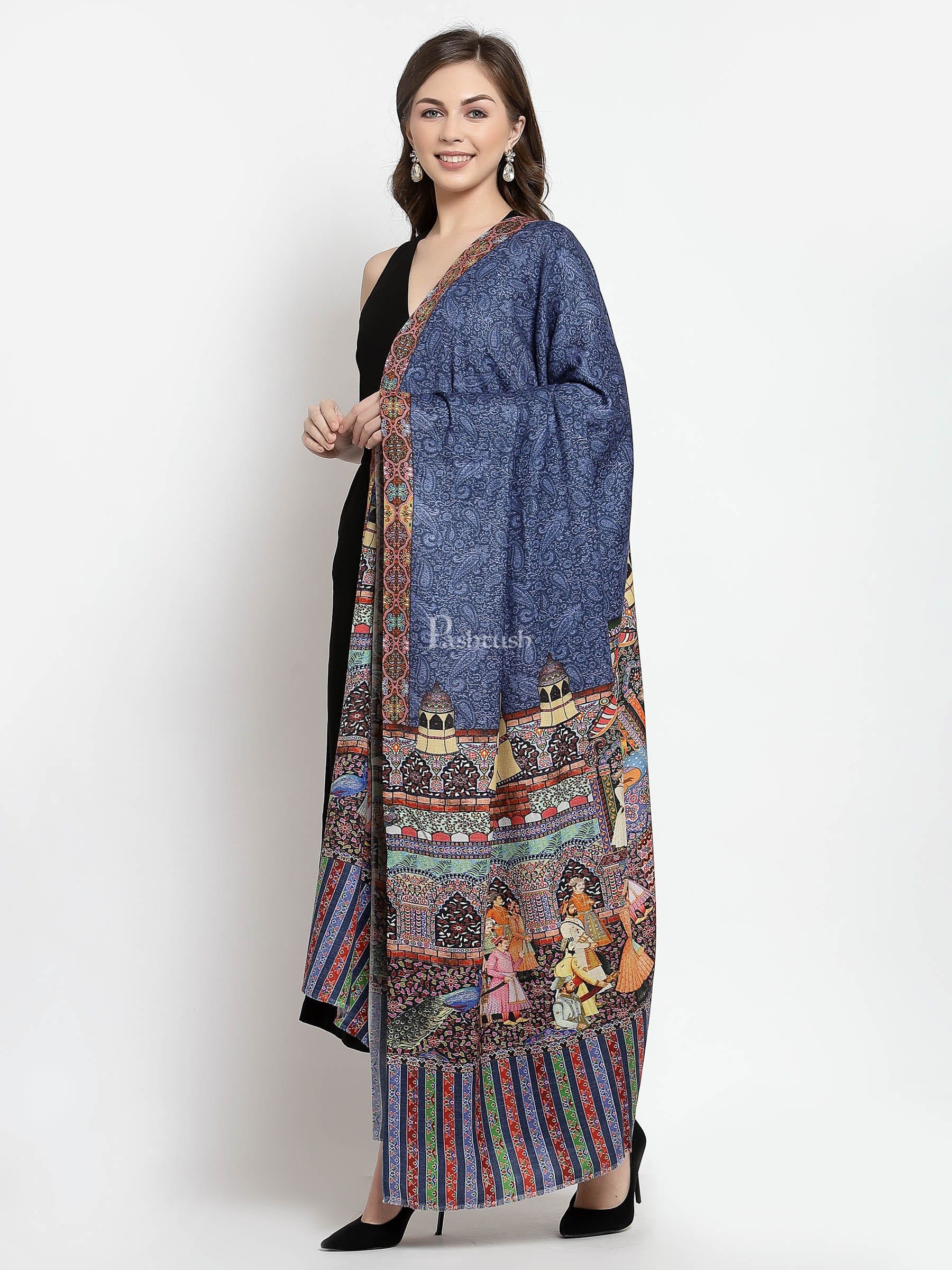 Pashtush India Womens Shawls Pashtush Womens Mughal Darbar Printed Shawl, 100% Pure, Woolmark Certified, Lapis Blue
