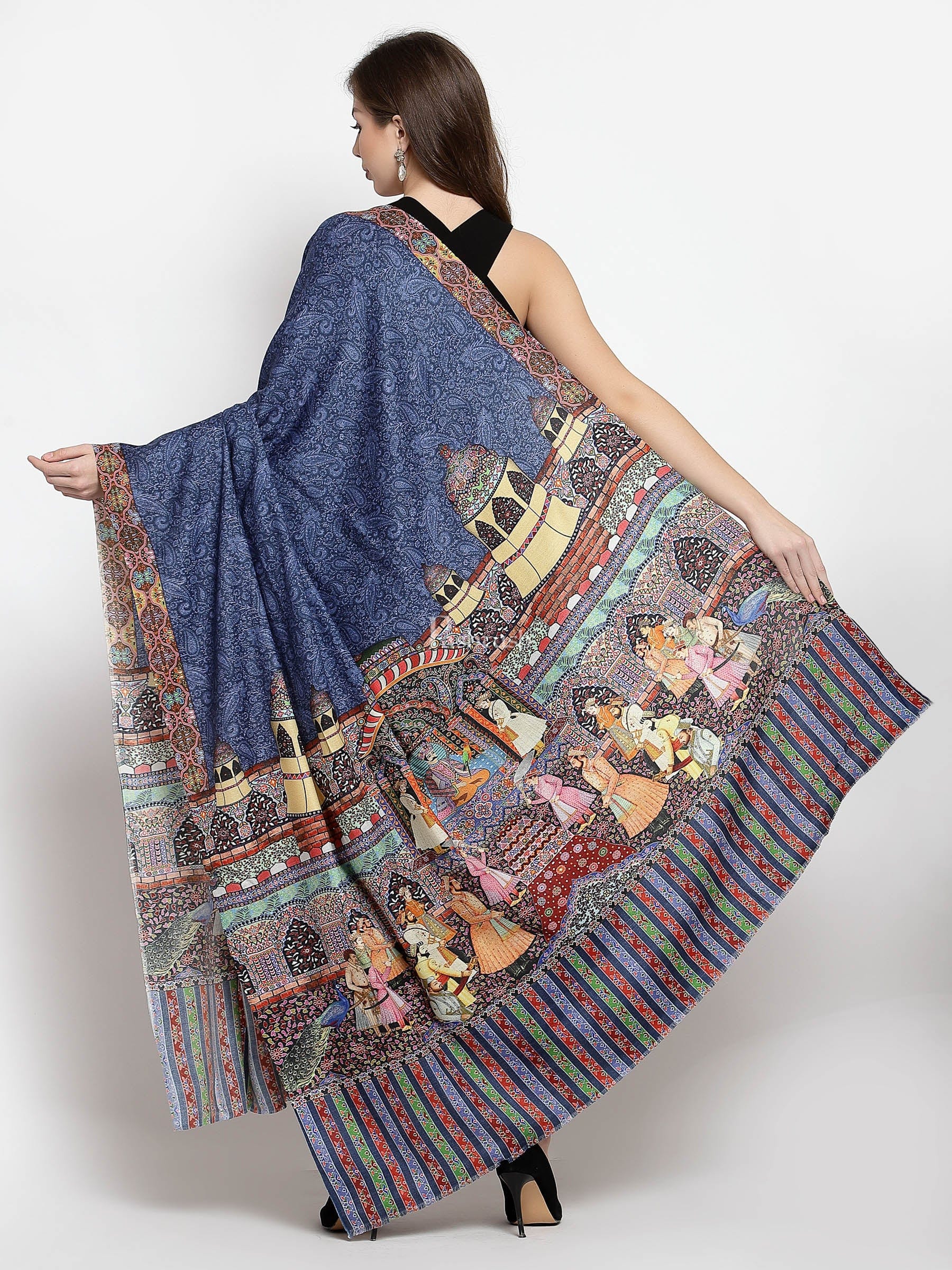 Pashtush India Womens Shawls Pashtush Womens Mughal Darbar Printed Shawl, 100% Pure, Woolmark Certified, Lapis Blue