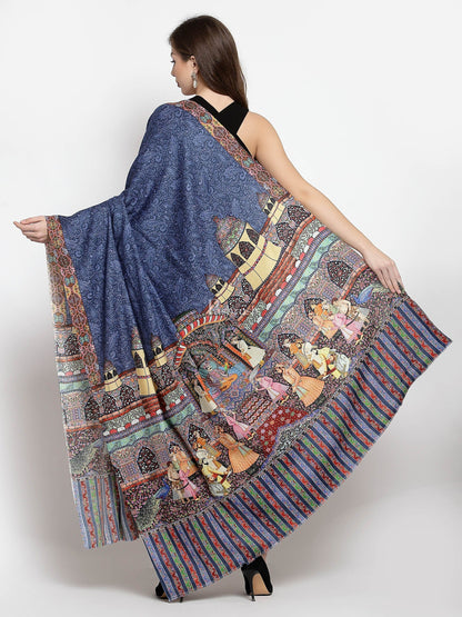 Pashtush India Womens Shawls Pashtush Womens Mughal Darbar Printed Shawl, 100% Pure, Woolmark Certified, Lapis Blue