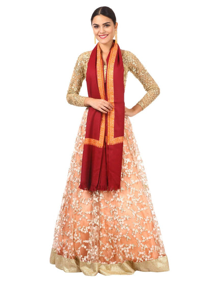 Pashtush Womens Neemdaur Shawl, Fineembroidery With Intricate Needlework, Wedding Collection A Shawls (Maroon)