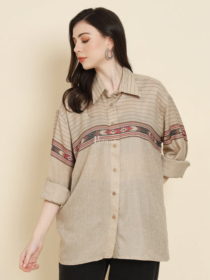 Pashtush India Womens Shirt Pashtush Womens Oversized Casual Woollen Shirt, Beige