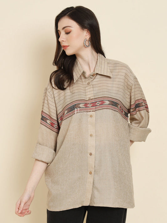 Pashtush India Womens Shirt Pashtush Womens Oversized Casual Woollen Shirt, Beige