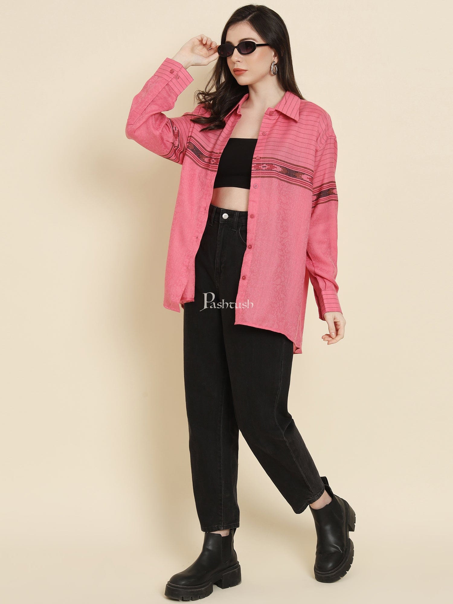 Pashtush India Womens Shirt Pashtush Womens Oversized Casual Woollen Shirt, Blush Pink
