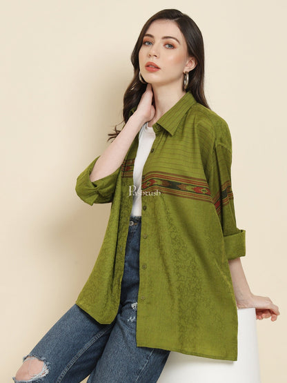 Pashtush India Womens Shirt Pashtush Womens Oversized Casual Woollen Shirt, Emerald Green