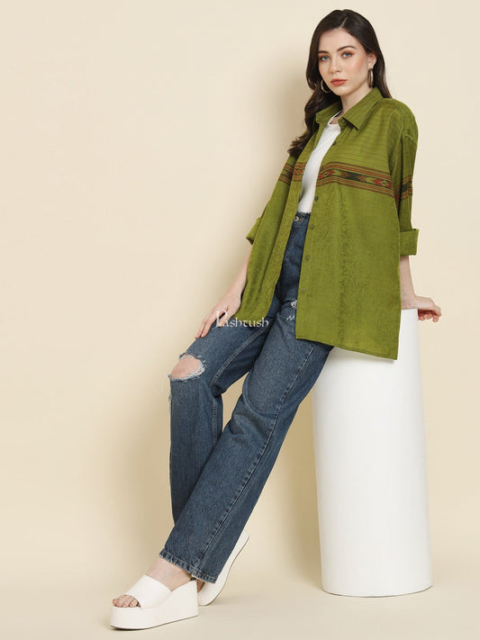 Pashtush India Womens Shirt Pashtush Womens Oversized Casual Woollen Shirt, Emerald Green