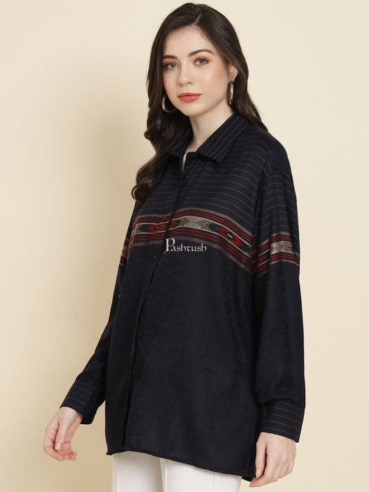 Pashtush India Womens Shirt Pashtush Womens Oversized Casual Woollen Shirt, Navy Blue