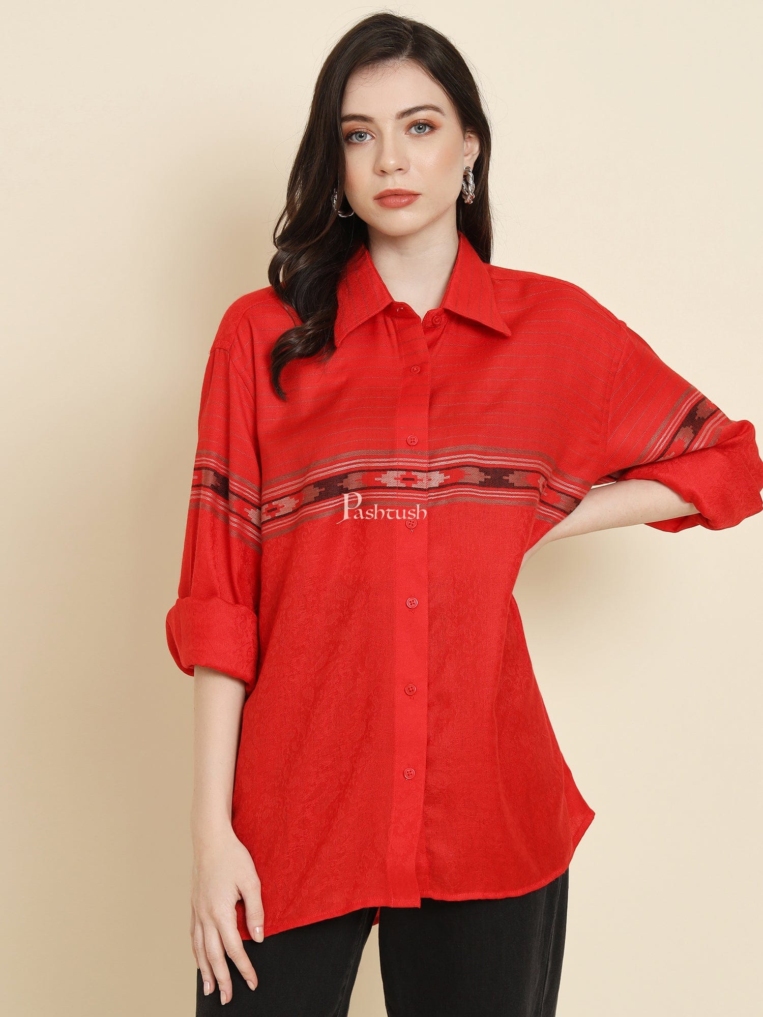 Pashtush India Womens Shirt Pashtush Womens Oversized Casual Woollen Shirt, Red