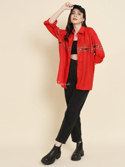 Pashtush India Womens Shirt Pashtush Womens Oversized Casual Woollen Shirt, Red